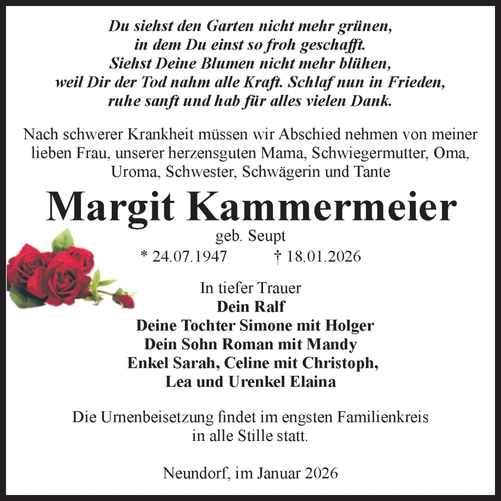  Traueranzeige für Margit Kammermeier vom 24.01.2026 aus Volksstimme Staßfurt