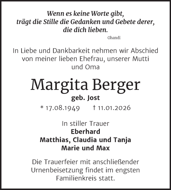 Traueranzeige von Margita Berger von Trauerkombi Wittenberg