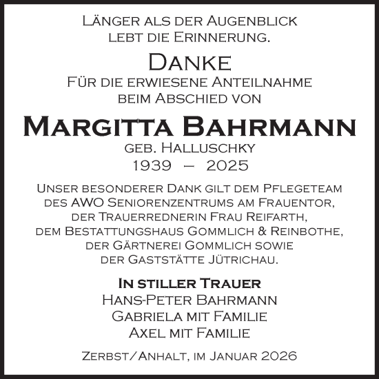 Traueranzeige von Margitta Bahrmann von Volksstimme Zerbst