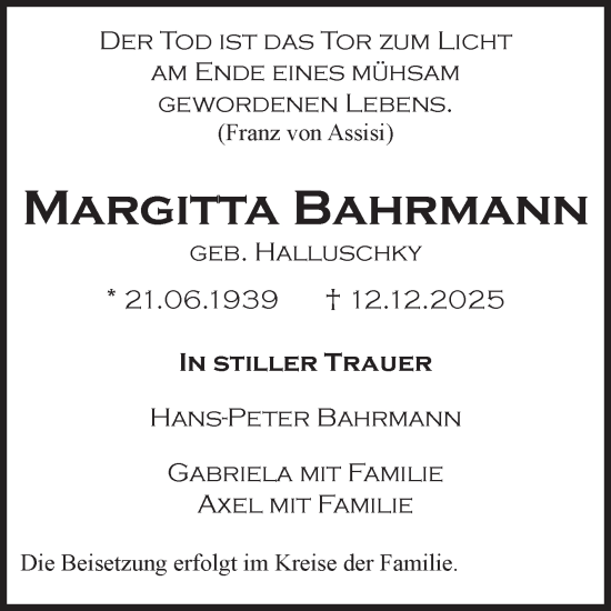 Traueranzeige von Margitta Bahrmann von Volksstimme Zerbst