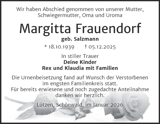 Traueranzeige von Margitta Frauendorf von Trauerkombi Weißenfels