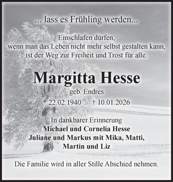 Traueranzeige von Margitta Hesse von Volksstimme Zerbst