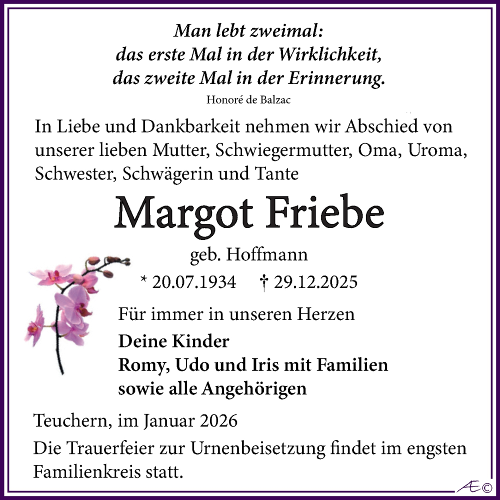  Traueranzeige für Margot Friebe vom 10.01.2026 aus Trauerkombi Weißenfels