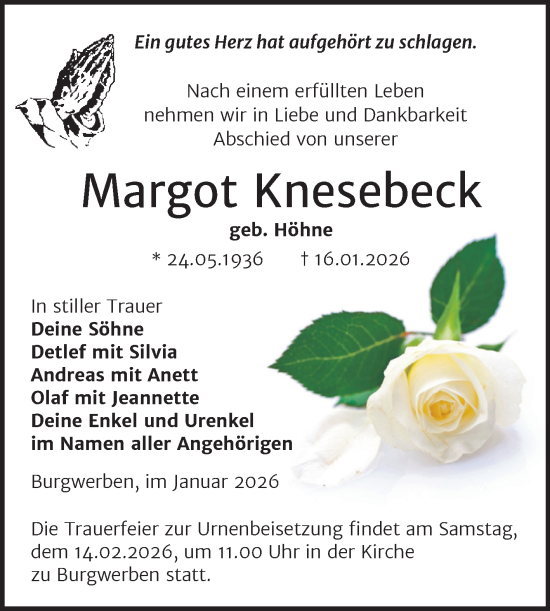 Traueranzeige von Margot Knesebeck von Trauerkombi Weißenfels
