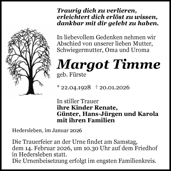 Traueranzeige von Margot Timme von Trauerkombi Quedlinburg