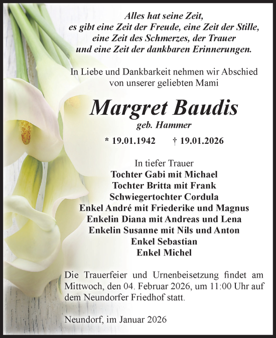 Traueranzeige von Margret Baudis von Volksstimme Staßfurt