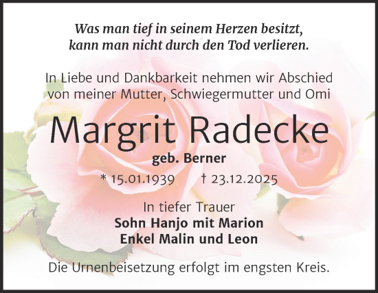 Traueranzeige von Margrit Radecke von Trauerkombi Bernburg