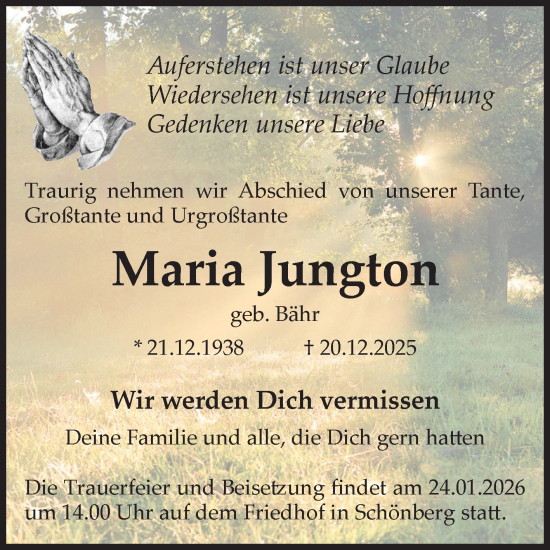 Traueranzeige von Maria Jungton von Volksstimme Altmark Ost