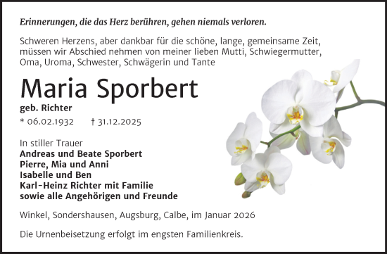 Traueranzeige von Maria Sporbert von Trauerkombi Zeitz