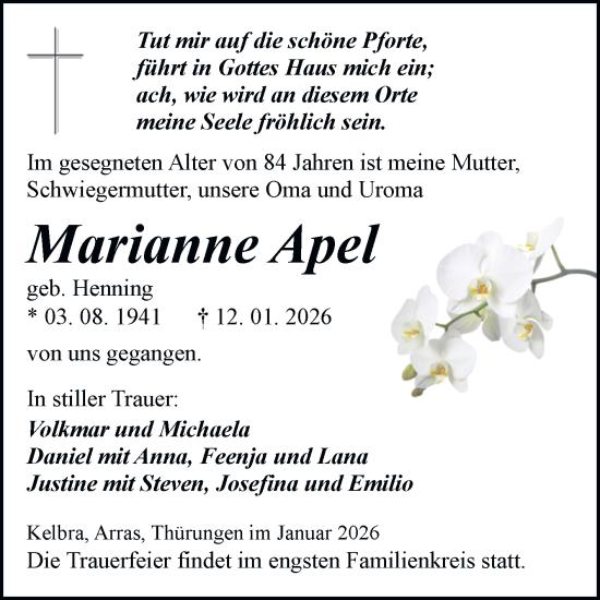 Traueranzeige von Marianne Apel von Trauerkombi Sangerhausen