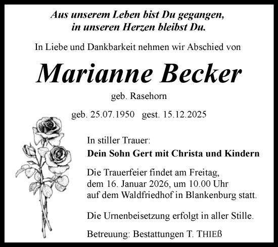 Traueranzeige von Marianne Becker von Volksstimme Wernigerode