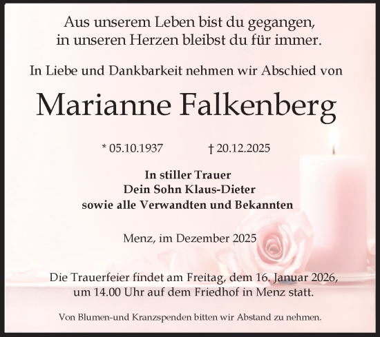 Traueranzeige von Marianne Falkenberg von Volksstimme Burg/Genthin