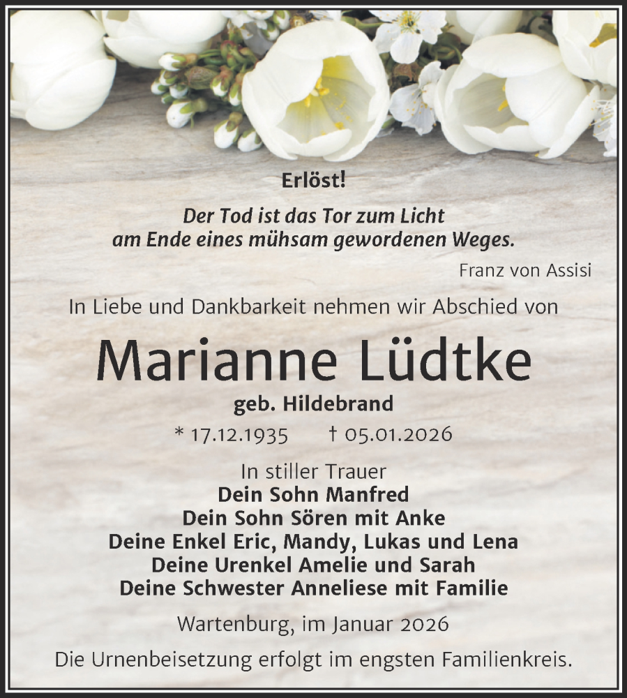  Traueranzeige für Marianne Lüdtke vom 24.01.2026 aus Trauerkombi Wittenberg