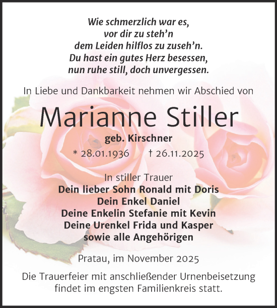 Traueranzeige von Marianne Stiller von Trauerkombi Wittenberg