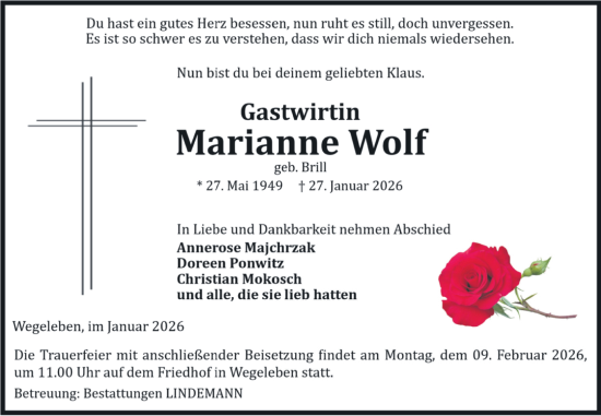 Traueranzeige von Marianne Wolf von Volksstimme Halberstadt