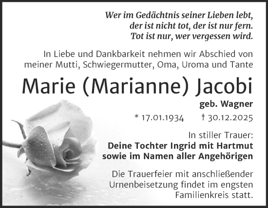 Traueranzeige von Marie (Marianne) Jacobi von SuperSonntag Bitterfeld