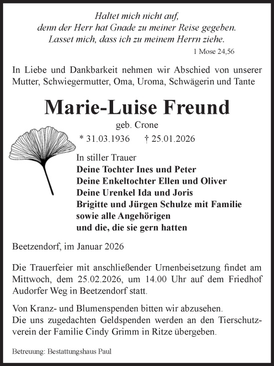 Traueranzeige von Marie-Luise Freund von Volksstimme Altmark West