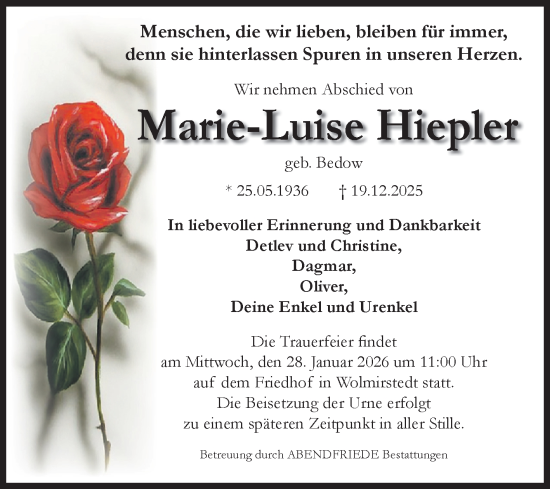 Traueranzeige von Marie-Luise Hiepler von Volksstimme Haldensleben/Wolmirstedt