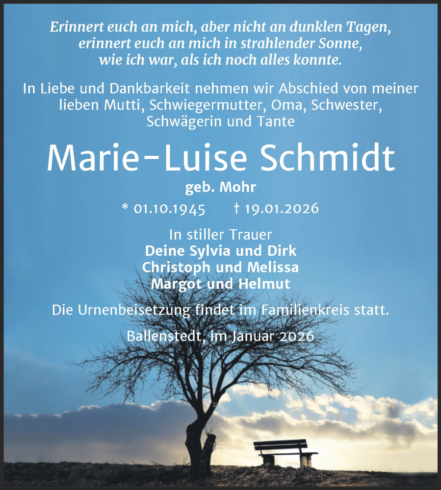  Traueranzeige für Marie-Luise Schmidt vom 31.01.2026 aus Trauerkombi Quedlinburg