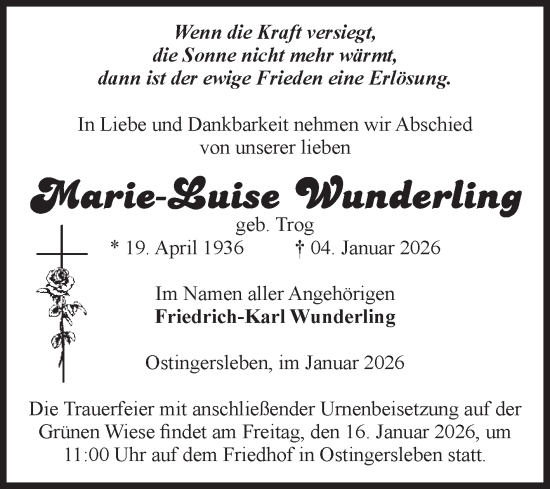 Traueranzeige von Marie-Luise Wunderling von Volksstimme Haldensleben/Wolmirstedt