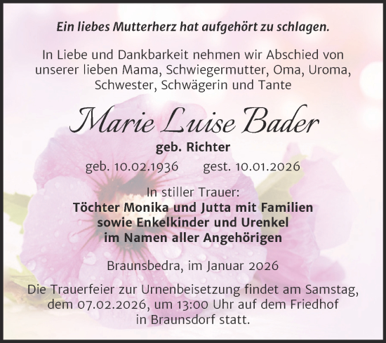 Traueranzeige von Marie Luise Bader von Trauerkombi Merseburg