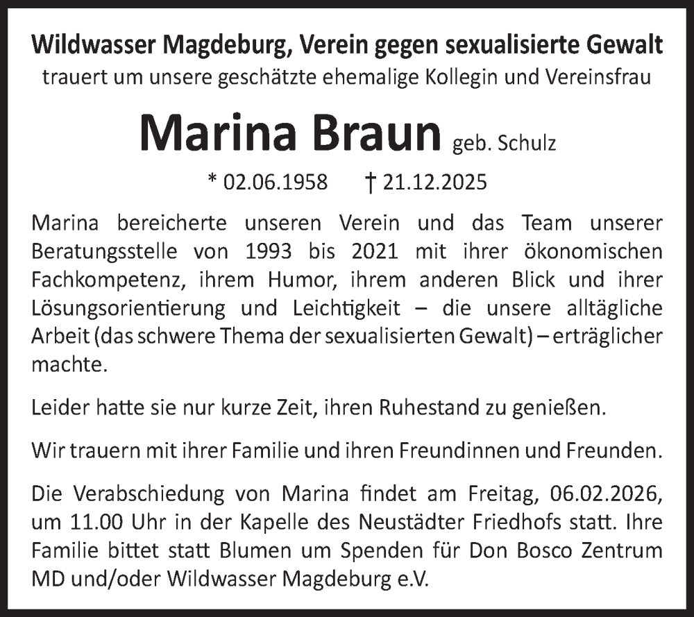  Traueranzeige für Marina Braun vom 24.01.2026 aus Volksstimme Magdeburg
