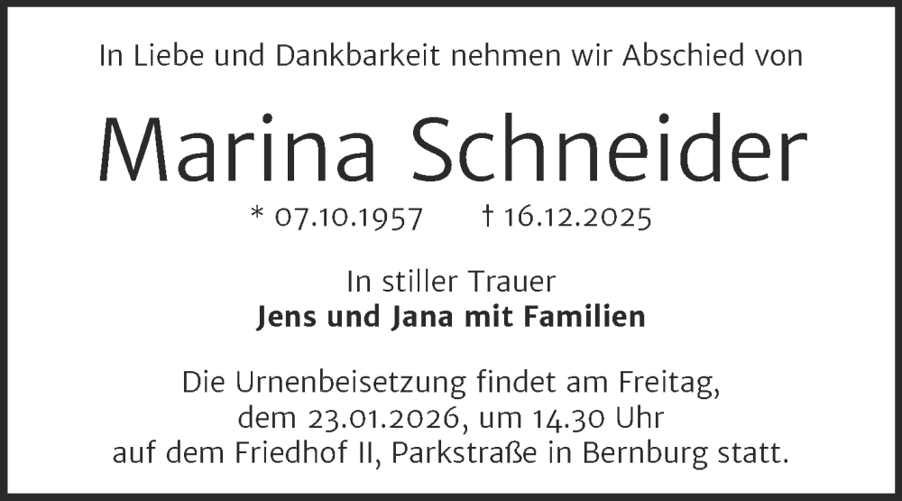  Traueranzeige für Marina Schneider vom 03.01.2026 aus Trauerkombi Bernburg