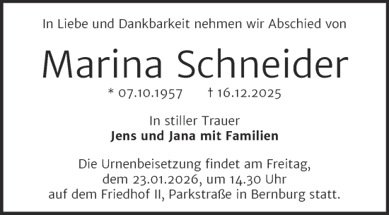 Traueranzeige von Marina Schneider von Trauerkombi Bernburg
