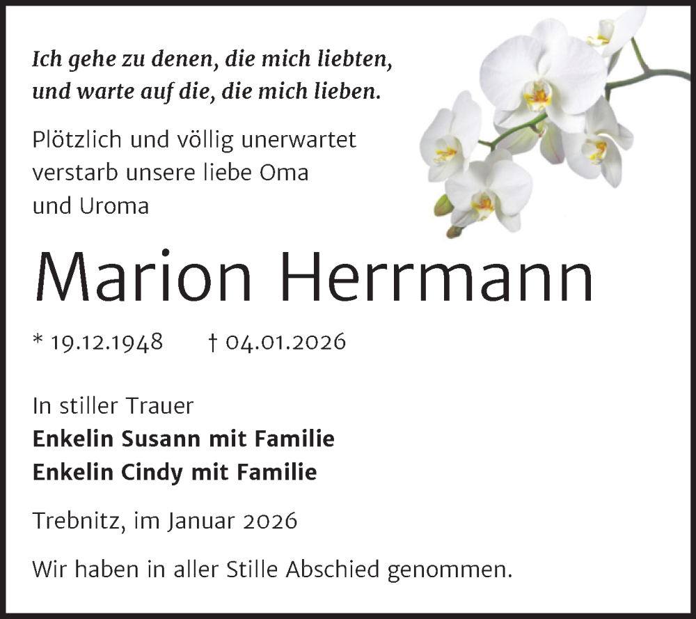  Traueranzeige für Marion Herrmann vom 17.01.2026 aus Trauerkombi Weißenfels