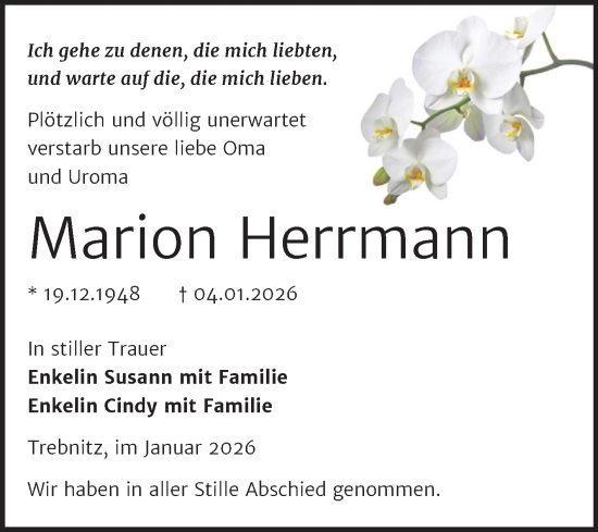 Traueranzeige von Marion Herrmann von Trauerkombi Weißenfels