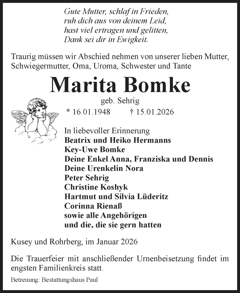  Traueranzeige für Marita Bomke vom 21.01.2026 aus Volksstimme Altmark West