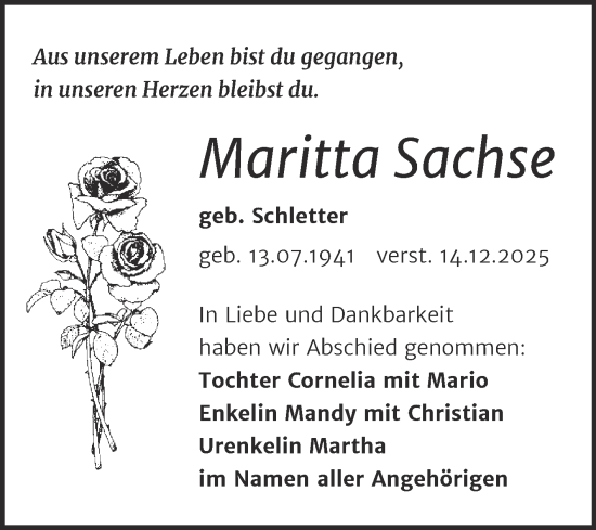 Traueranzeige von Maritta Sachse von Trauerkombi Weißenfels