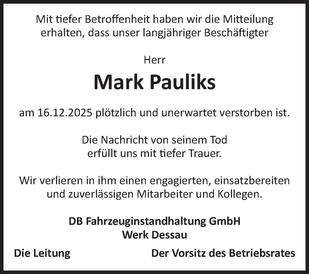  Traueranzeige für Mark Pauliks vom 03.01.2026 aus SuperSonntag Bitterfeld