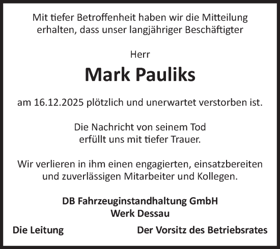 Traueranzeige von Mark Pauliks von SuperSonntag Bitterfeld