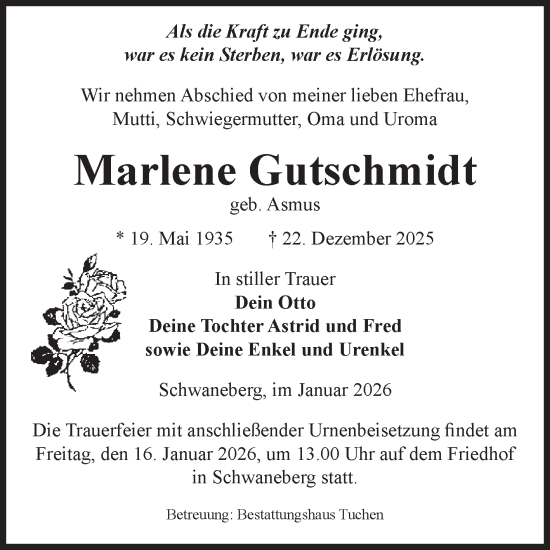 Traueranzeige von Marlene Gutschmidt von Volksstimme Oschersleben/Wanzleben