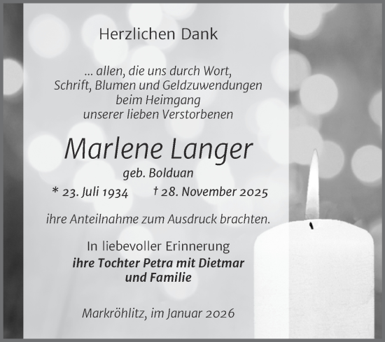 Traueranzeige von Marlene Langer von Trauerkombi Weißenfels