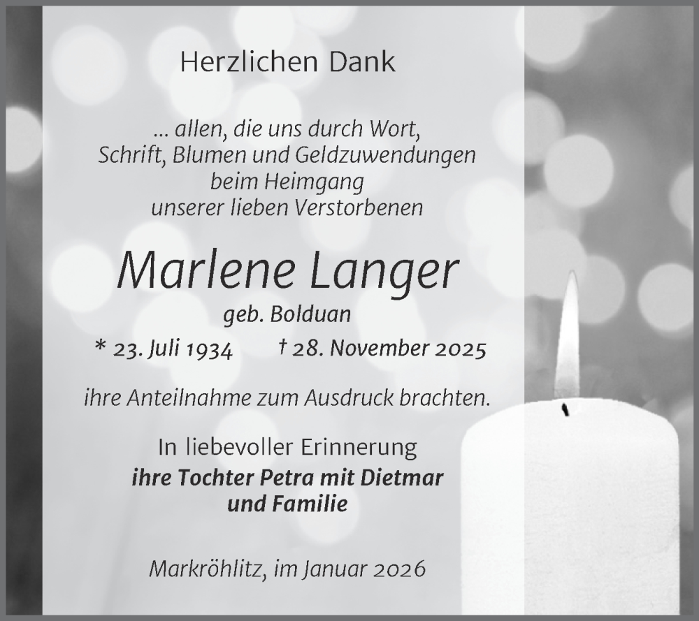  Traueranzeige für Marlene Langer vom 24.01.2026 aus Trauerkombi Weißenfels