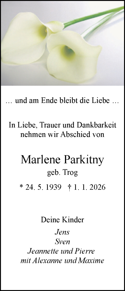Traueranzeige von Marlene Parkitny von Volksstimme Magdeburg
