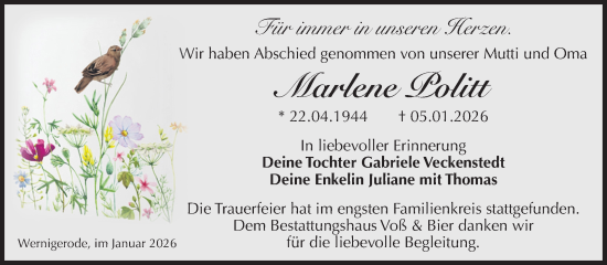 Traueranzeige von Marlene Politt von Volksstimme Wernigerode