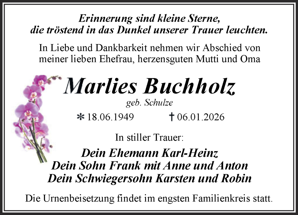  Traueranzeige für Marlies Buchholz vom 17.01.2026 aus Trauerkombi Dessau