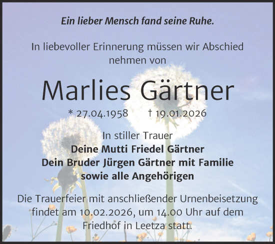 Traueranzeige von Marlies Gärtner von Trauerkombi Wittenberg