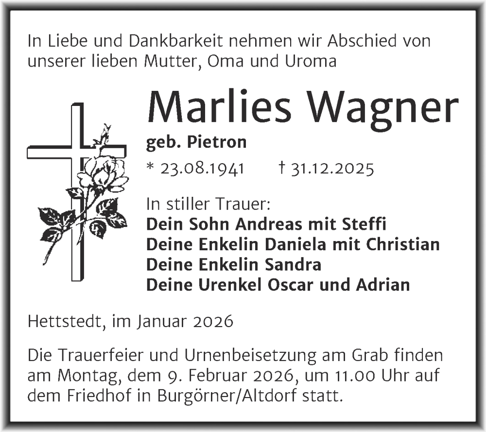  Traueranzeige für Marlies Wagner vom 17.01.2026 aus Trauerkombi Mansfelder Land