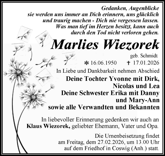 Traueranzeige von Marlies Wiezorek von Trauerkombi Wittenberg