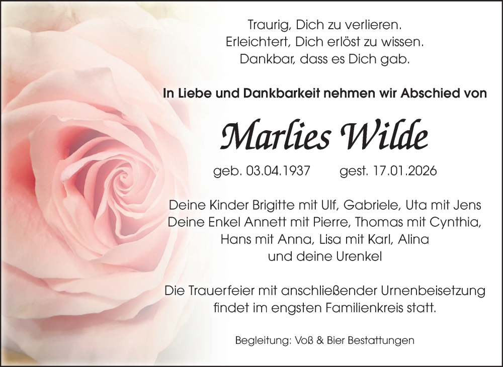  Traueranzeige für Marlies Wilde vom 24.01.2026 aus Volksstimme Wernigerode
