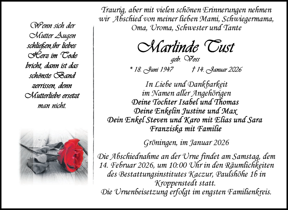 Traueranzeige für Marlinde Cust vom 24.01.2026 aus Volksstimme Oschersleben/Wanzleben