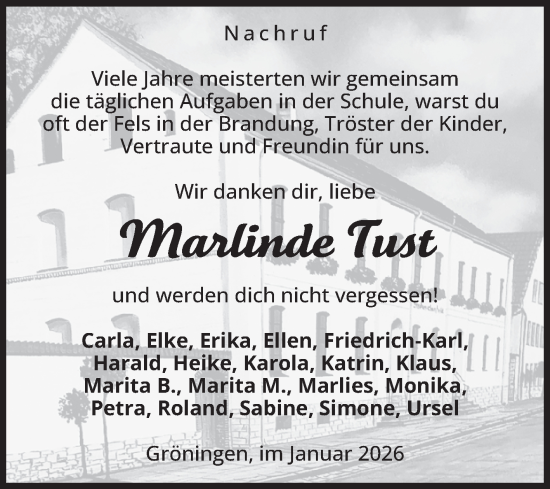 Traueranzeige von Marlinde Tust von Volksstimme Oschersleben/Wanzleben