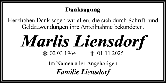 Traueranzeige von Marlis Liensdorf von Trauerkombi Wittenberg