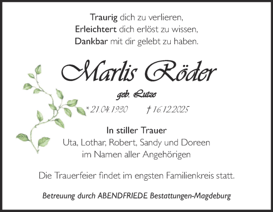 Traueranzeige von Marlis Röder von Naumburger Tageblatt