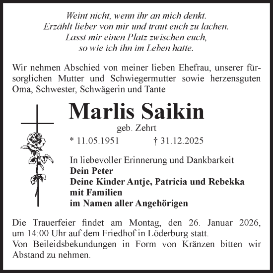 Traueranzeige von Marlis Saikin 