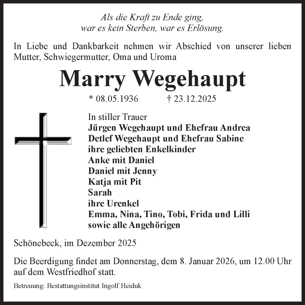  Traueranzeige für Marry Wegehaupt vom 03.01.2026 aus Volksstimme Schönebeck